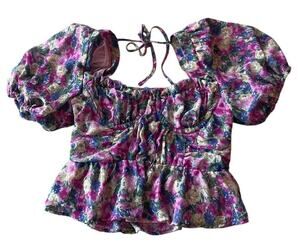 ASTR The Label Womens Medium Floral Bustier Corset Puff Sleeve Milk Maid Peplum